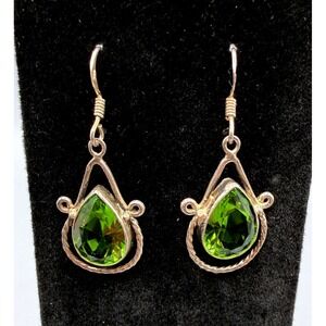 Sterling Silver 925 Pear Cut Green Gemstone Dangle Earrings Boho Scroll 1.5" 5g